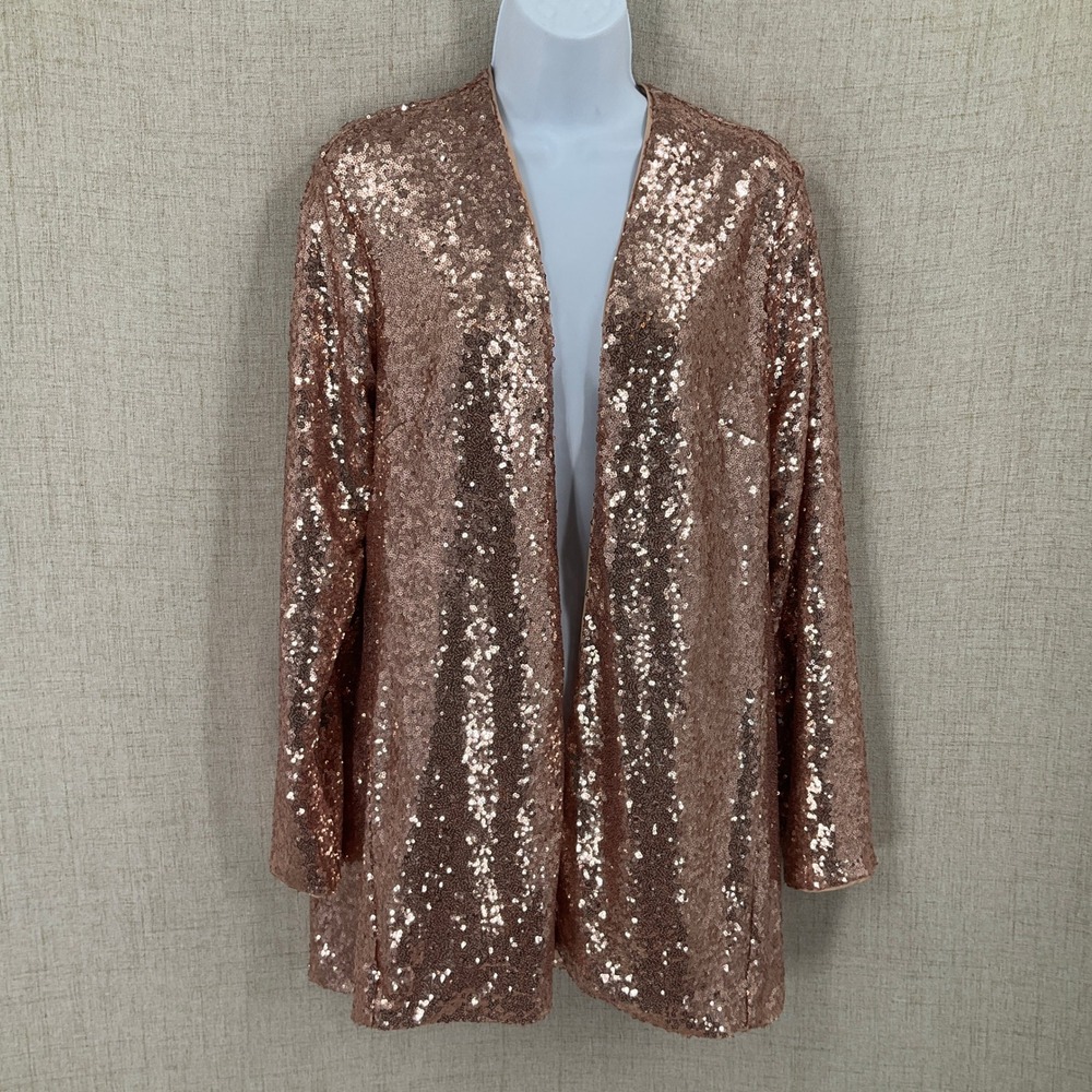 Torrid Sequin Cardigan Womens L Rose Gold Longline Open Front Party Glam NEW